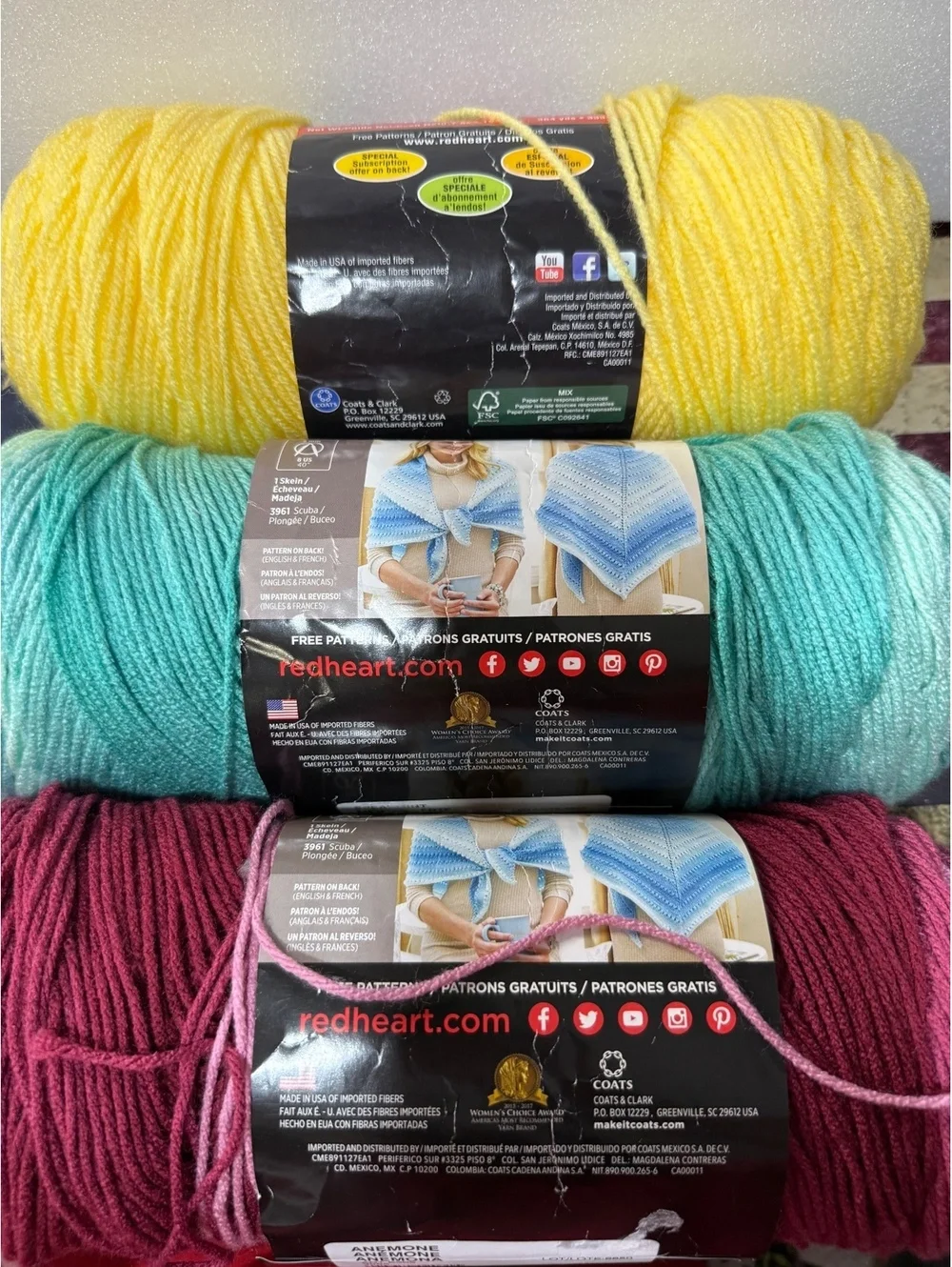 Red Heart Super Saver Yarn Lot 3 Skeins Lemon Spearmint Anemone Ombre Acrylic